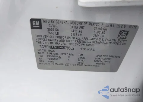 2012 Cadillac Srx Performance Collection from USA, damaged, VIN 3GYFNEE30CS578652